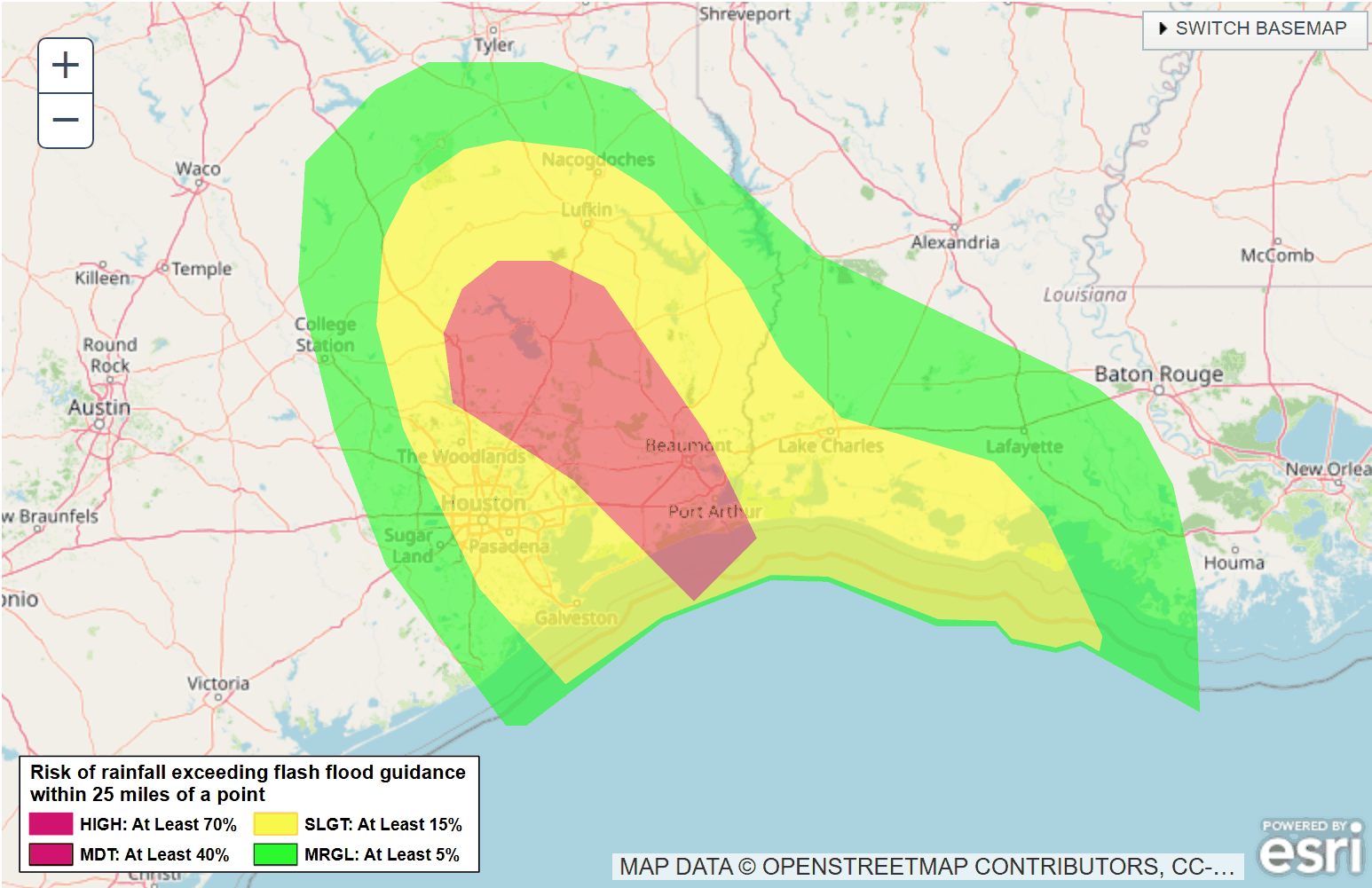 Greatest flash flood risk map over the next 3 days