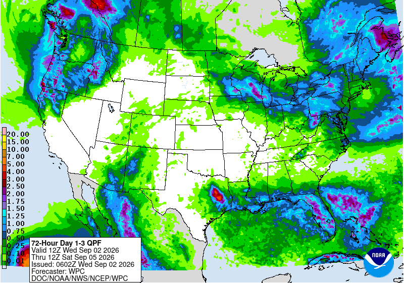NHC 3-day rainfall forecast map for Tropical Storm Edouard, showing 4-6+ inches across the Beaumont/Houston/Lake Charles corridor